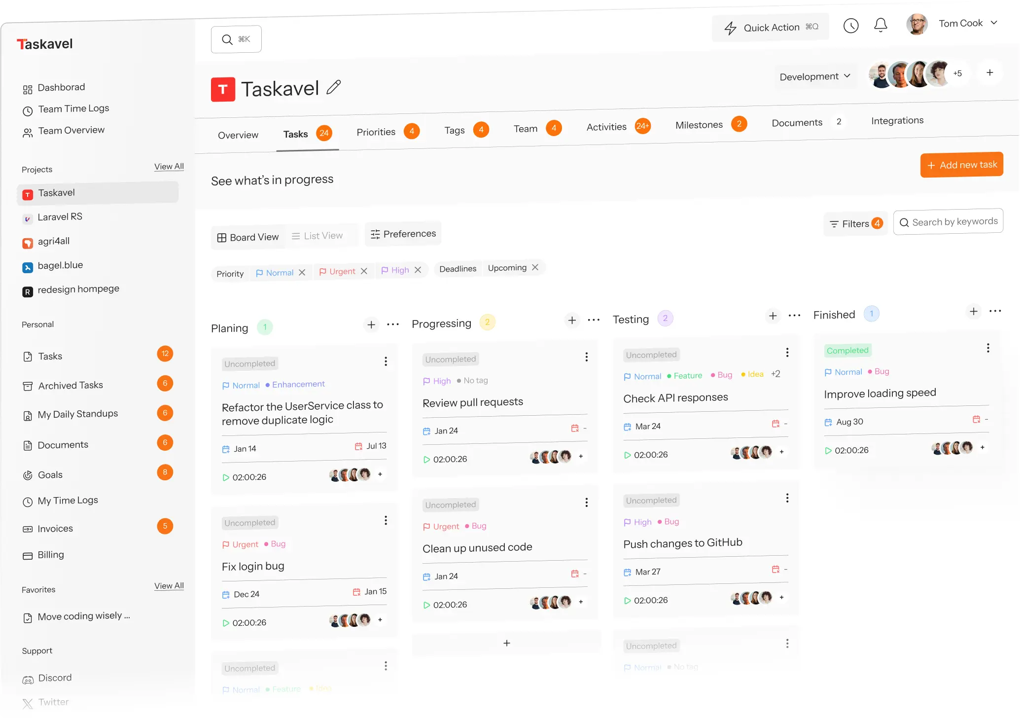 Taskavel project board showing work in progress